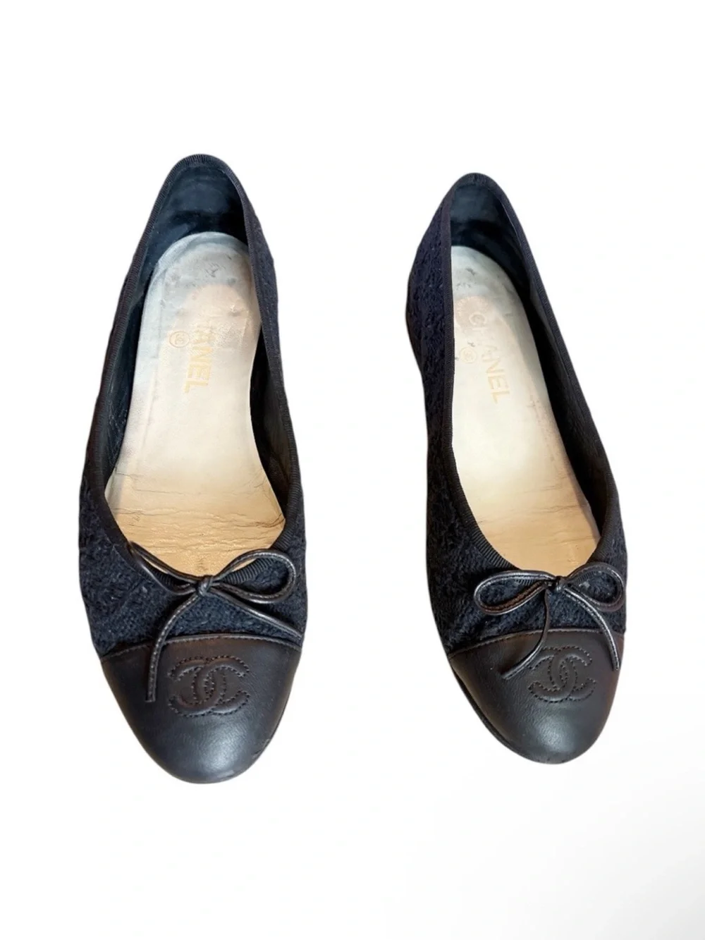 CHANEL CC Cap Toe Ballet Flats EU 39.5 US 9.5 Black Tweed Crochet Lambskin Shoe